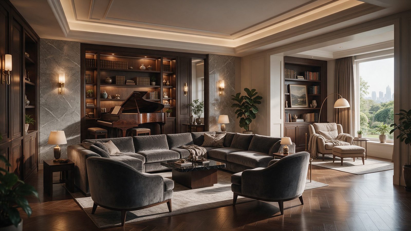 Ambiente residencial com iluminação adaptável ao longo do dia